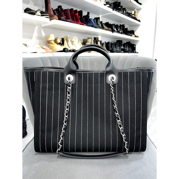 Chanel 23P Deauville Black White Stripe Large Shopping 30cm Top Handle Tote Bag - Picture 9 of 12